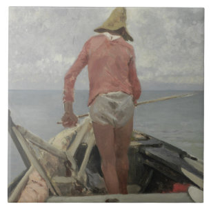 Fisherman in His Boat (by Vincenzo Caprile) Tile