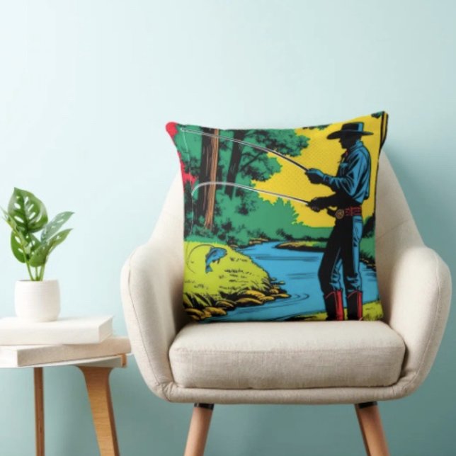 Fisherman on Riverbank Cushion (Retro Cowboy Fishing Riverside Scene pillow high quality 100% polyester hidden zipper enclosure.
)