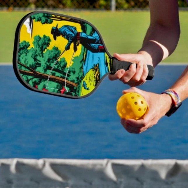 Fisherman on Riverbank  Pickleball Paddle (Retro Cowboy Fishing Riverside Scene pickleball paddle hand wrapped grip honeycomb core. 8 oz weight)