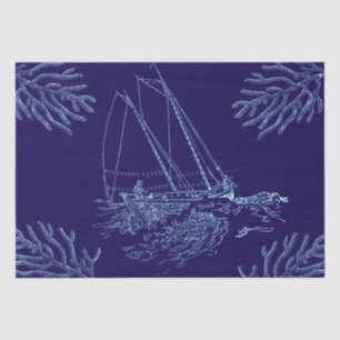 Fisherman Sailing Boat Corals on Navy Blue Tissue Paper