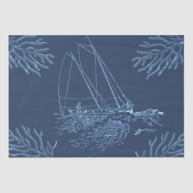 Fisherman Sailing Boat Corals on Navy Blue Tissue Paper (Front)