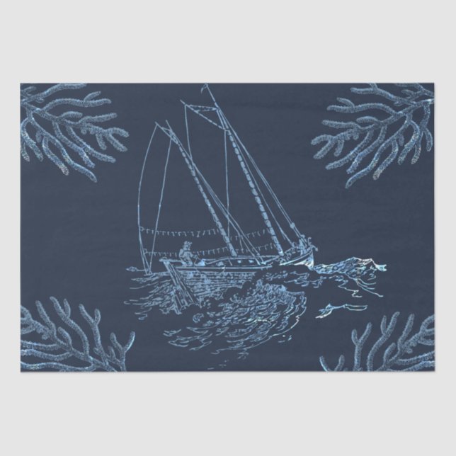 Fisherman Sailing Boat Corals on Navy Blue Tissue Paper (Front)