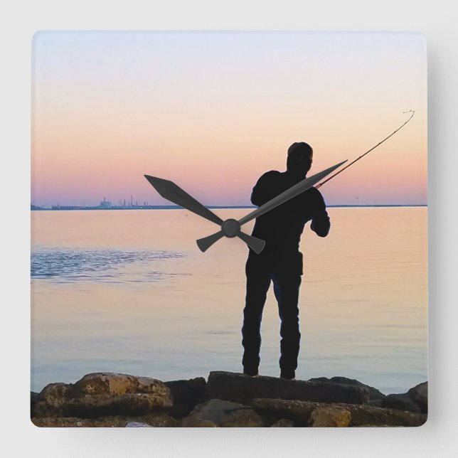 Fisherman Silhouette Fishing Square Wall Clock (Front)