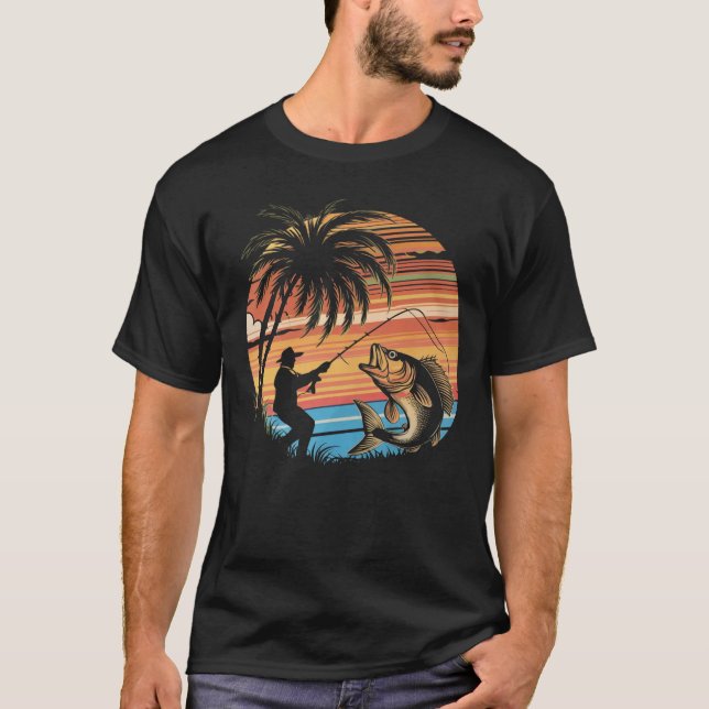 Fisherman Sunset catching a fish T-Shirt (Front)