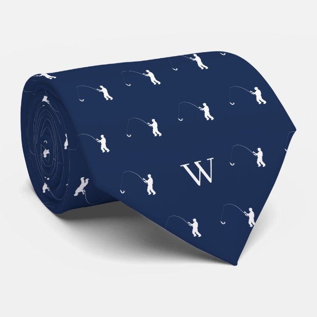 Fisherman Tackle Bait Monogram Initials Navy Blue Tie (Rolled)