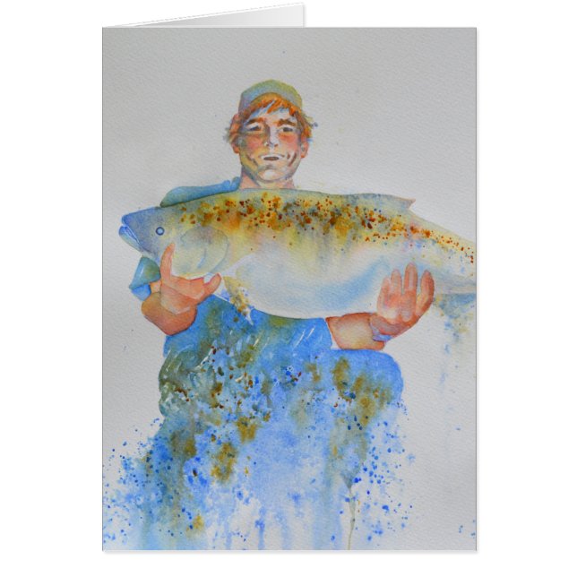 Fisherman watercolor painting fishing gift for him (Front)