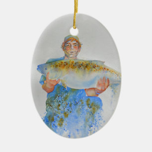 Fisherman watercolor painting fishing gift for him ceramic tree decoration