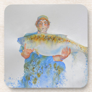 Fisherman watercolor painting fishing gift for him coaster
