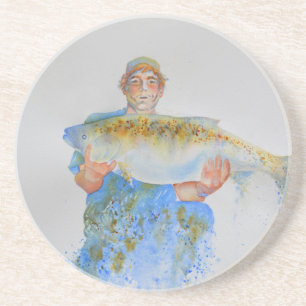 Fisherman watercolor painting fishing gift for him coaster