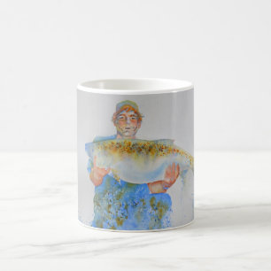 Fisherman watercolor painting fishing gift for him coffee mug