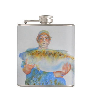 Fisherman watercolor painting fishing gift for him hip flask