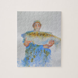 Fisherman watercolor painting fishing gift for him jigsaw puzzle