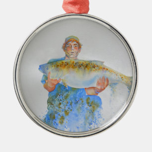 Fisherman watercolor painting fishing gift for him metal tree decoration