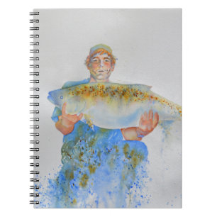 Fisherman watercolor painting fishing gift for him notebook