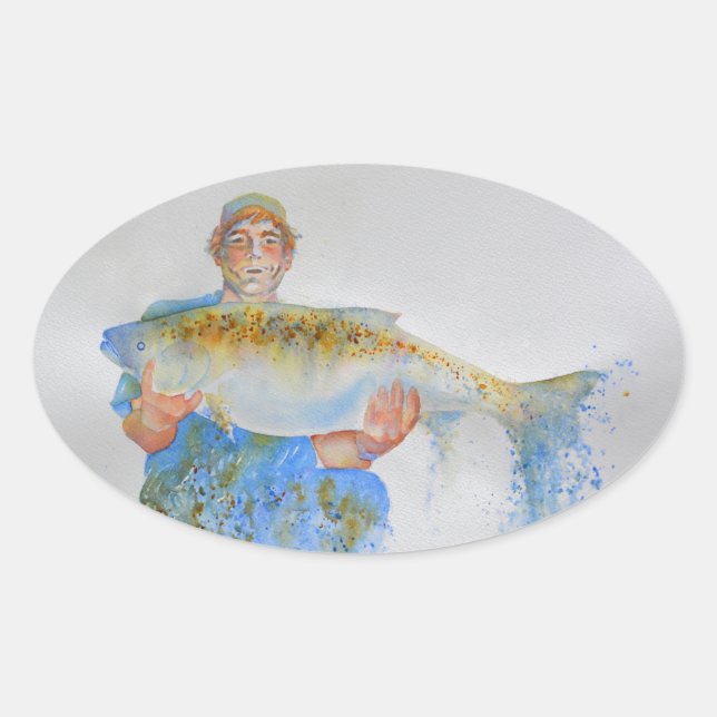 Fisherman watercolor painting fishing gift for him oval sticker (Front)