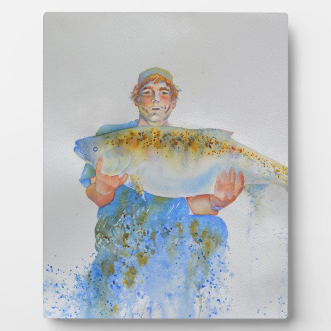 Fisherman watercolor painting fishing gift for him plaque (Front)