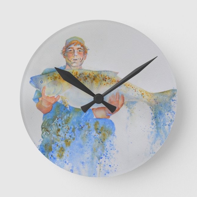Fisherman watercolor painting fishing gift for him round clock (Front)