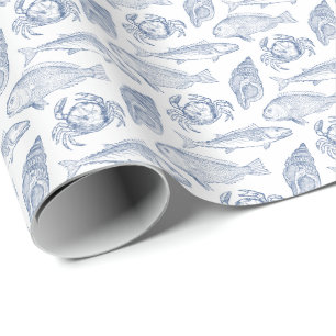 Fishermans Catch of the Day Blue and White Wrapping Paper