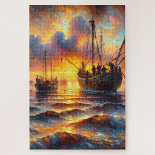Fishermans fiery retrieve at Sunset Jigsaw Puzzle