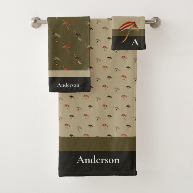  Fishermen Fly Fishing Flies Grey Black Olive Bath Towel Set (Insitu)
