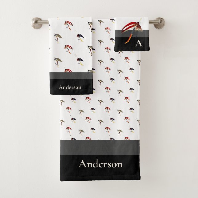  Fishermen Fly Fishing Flies Grey Black White Bath Towel Set (Insitu)