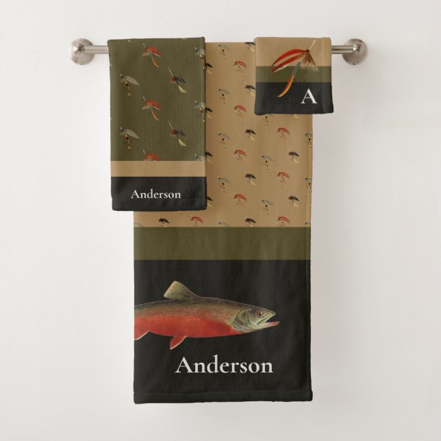  Fishermen Fly Fishing Flies Tan Black Olive Bath Towel Set (Insitu)