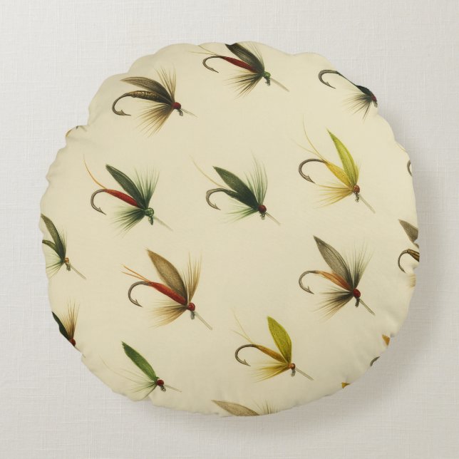 Fishermen Fly Fishing Trout Flies Watercolor Throw Round Cushion (Front)