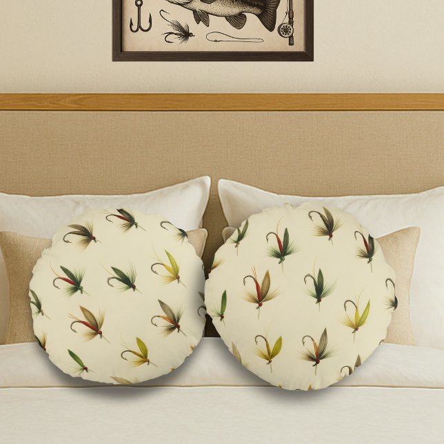 Fishermen Fly Fishing Trout Flies Watercolor Throw Round Cushion (Creator Uploaded)