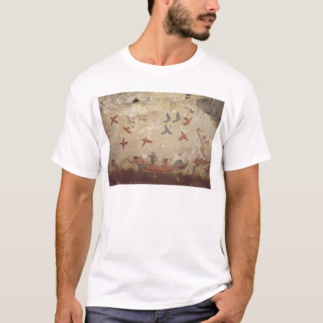 Fishermen in a boat and birds flying T-Shirt (Front)