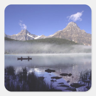Fishermen in canoe on Waterfowl Lake, Banff Square Sticker
