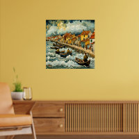 Fishermen on Boats in Stormy Sea Van Gogh Style