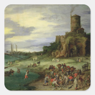 Fishermen on the Shore Square Sticker