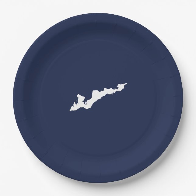 Fishers Island Logo Paper Plates – White/Navy (Front)