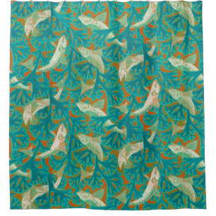 FISHES AND ALGAES BLUE YELLOW Art Nouveau Pattern Shower Curtain