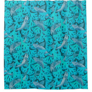 FISHES AND ALGAES IN AQUA BLUE Art Nouveau Pattern Shower Curtain