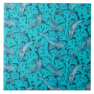 FISHES AND ALGAES IN AQUA BLUE Art Nouveau Pattern Tile