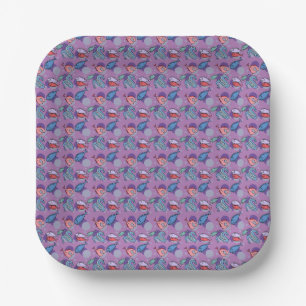 Fishes and eel. Purple background. Paper Plate