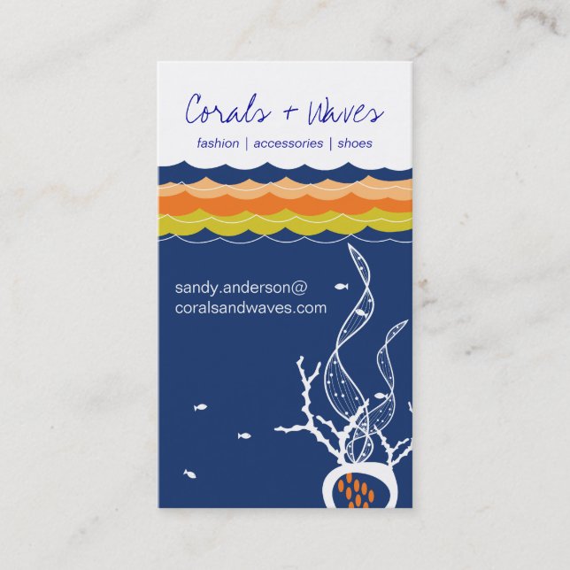 Fishes Corals Ocean Sea Waves Underwater Navy Blue Business Card (Front)