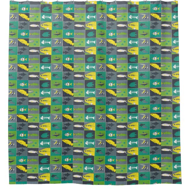 Fishes green yellow shower curtain (Front)