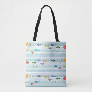 Fishes in the ocean on a striped background tote bag