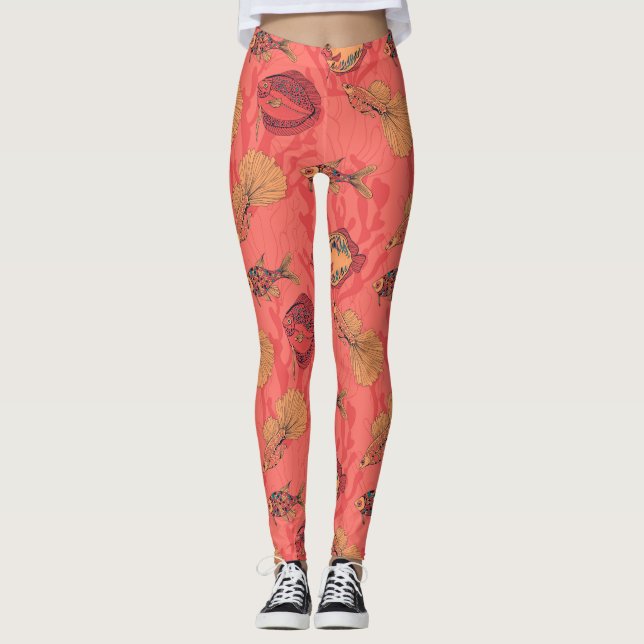 Fishes on living coral background leggings (Front)