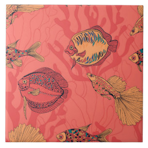 Fishes on living coral background tile