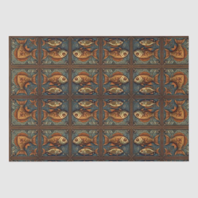 Fishes Steampunk Green and Golden brown Tissue Paper (Front)