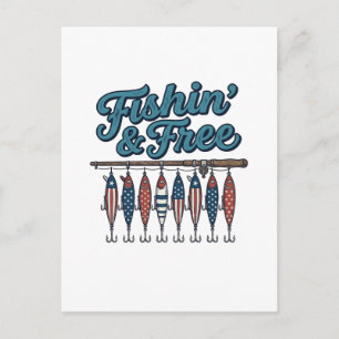 Fishin’ & Free Patriotic Fishing Lure Vintage Postcard