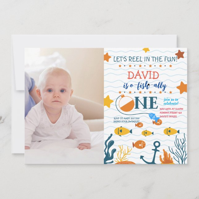 Fishing 1st Birthday Boy O-fish-ally Photo Picture Invitation (Front)