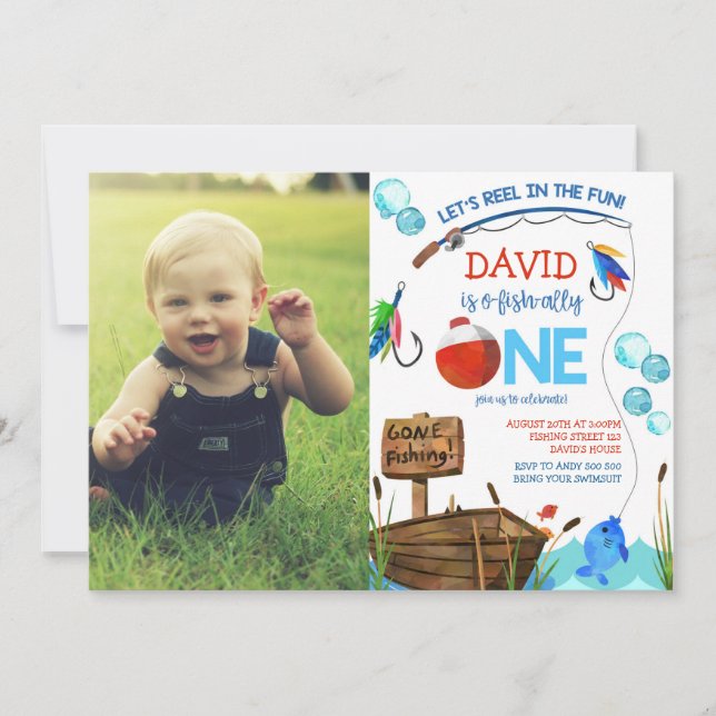 Fishing 1st Birthday Boy O-fish-ally Photo Picture Invitation (Front)
