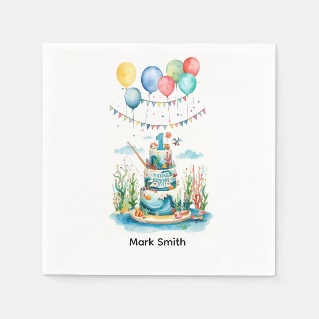 Fishing 1st Birthday Party with Cake decoration  Napkin (Front)