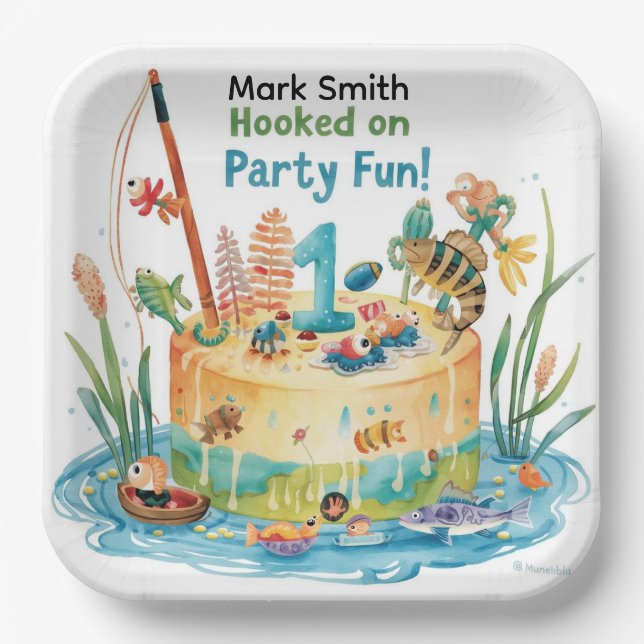 Fishing 1st Birthday Party with Cake Design Paper Plate (Front)