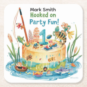 Fishing 1st Birthday Party with Cake Design Square Paper Coaster