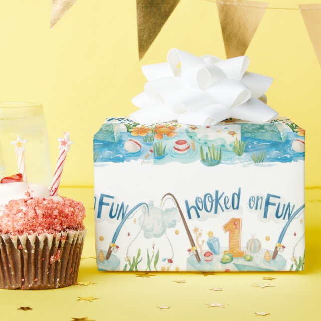 Fishing 1st Birthday with Cake  Wrapping Paper (Birthday Party)